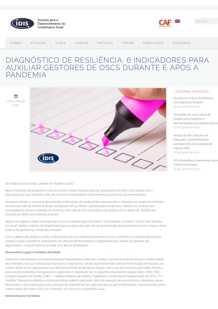 thumbnail of Diagnóstico de Resiliência_ 6 indicadores para auxiliar gestores de OSCs durante e após a pandemia _ IDIS